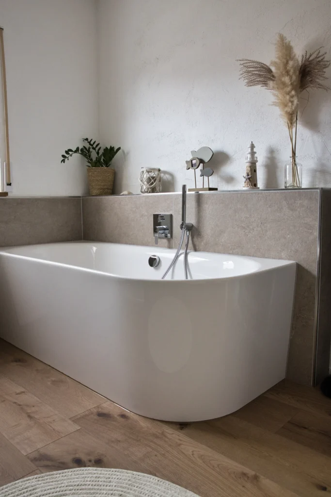 Freistehende Badewanne mit natürlicher Dekoration
