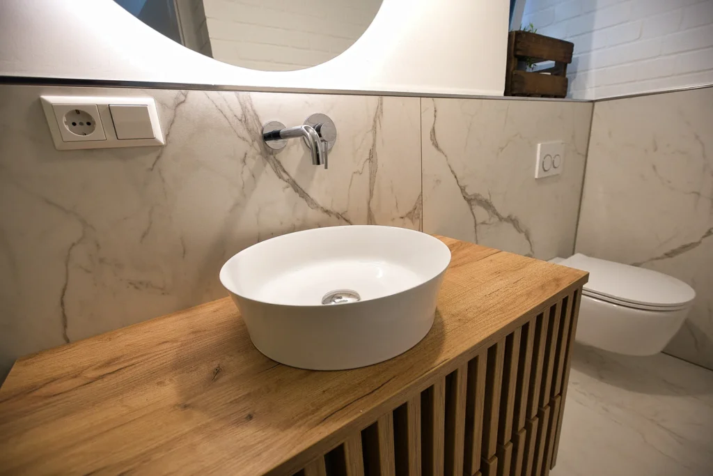 Gäste-WC mit Aufsatzbecken und Marmor-Wandfliesen