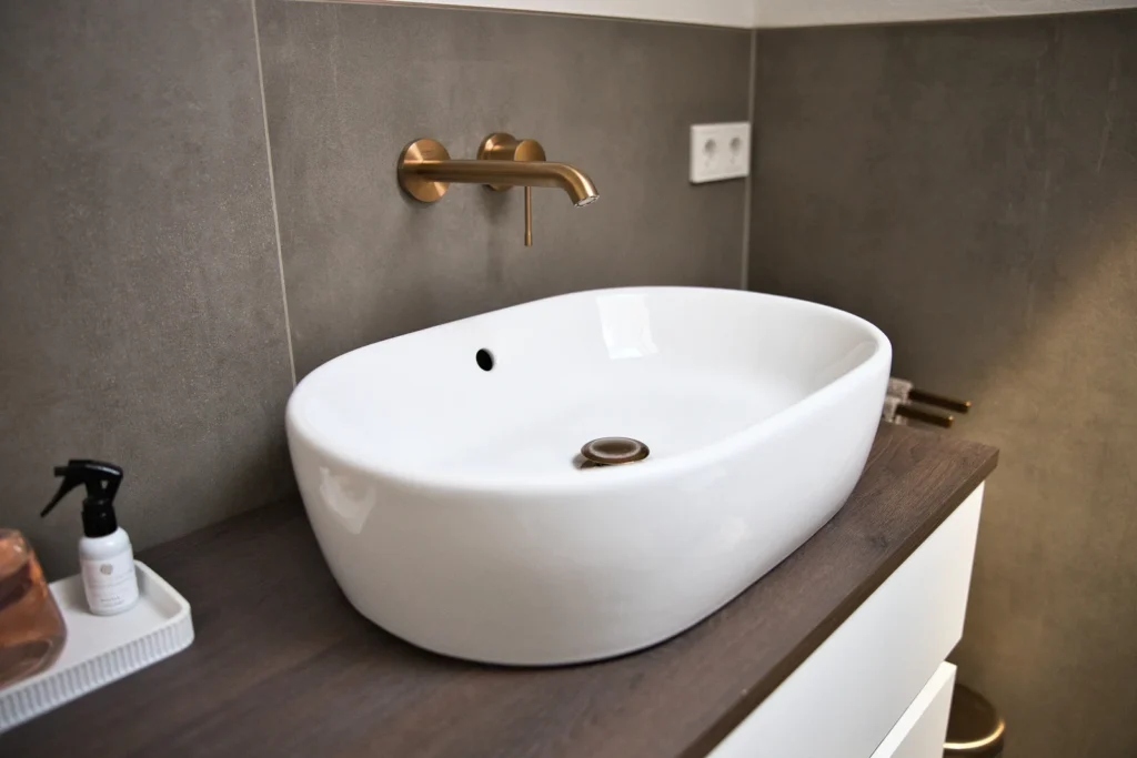 Einzelwaschbecken mit goldener Wandarmatur und Feinsteinzeugfliese