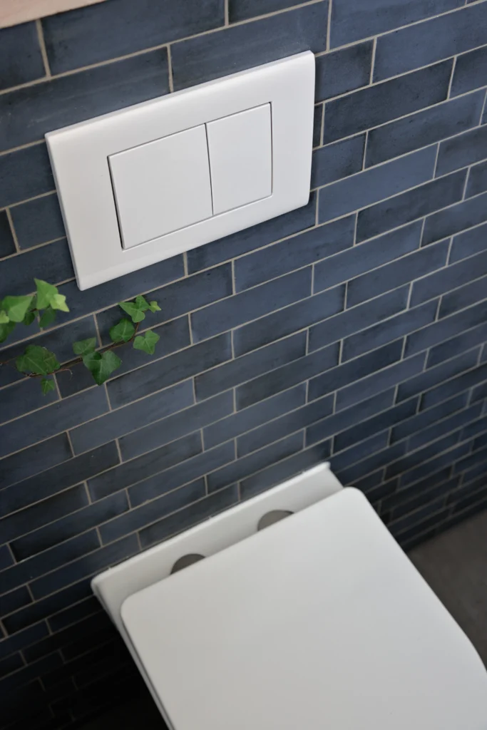 WC-Betätigungstaster an Wand mit blauen Fliesen von Equipe