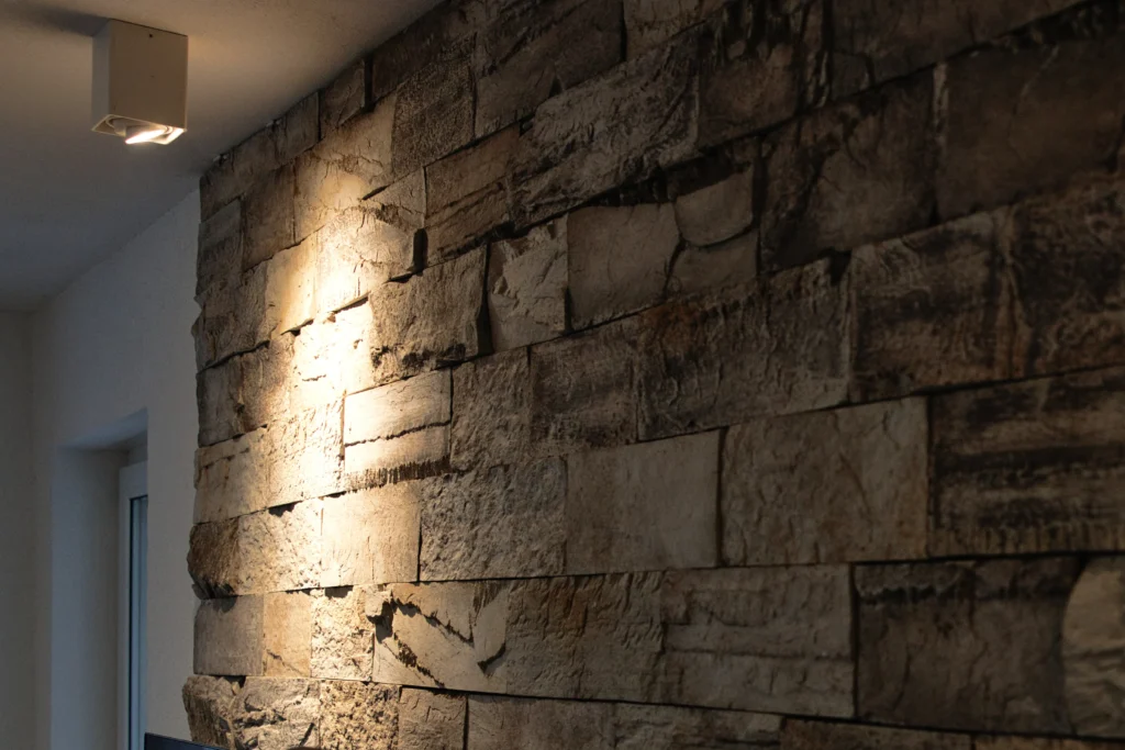 Detailaufnahme Natursteinverblender Geopietra Creativo Grigio Fossilo mit natürlicher Struktur und Lichtwirkung